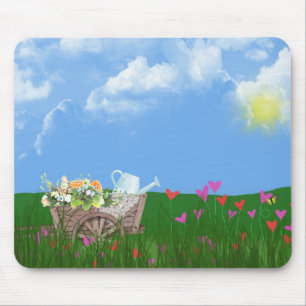 old wheelbarrow with flowers mouse mat