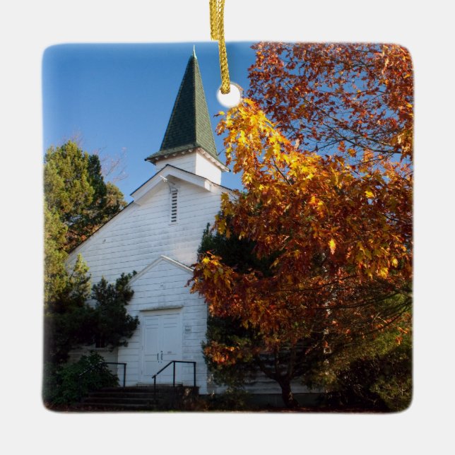 Old White Church in Autumn Ceramic Ornament (Front)