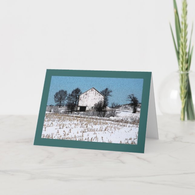 Old white wooden barn with cut cornstalks card (Front)