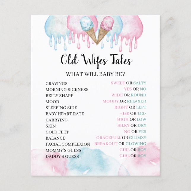 Old Wifes Tales ice cream party game paper Sheet. (Front)