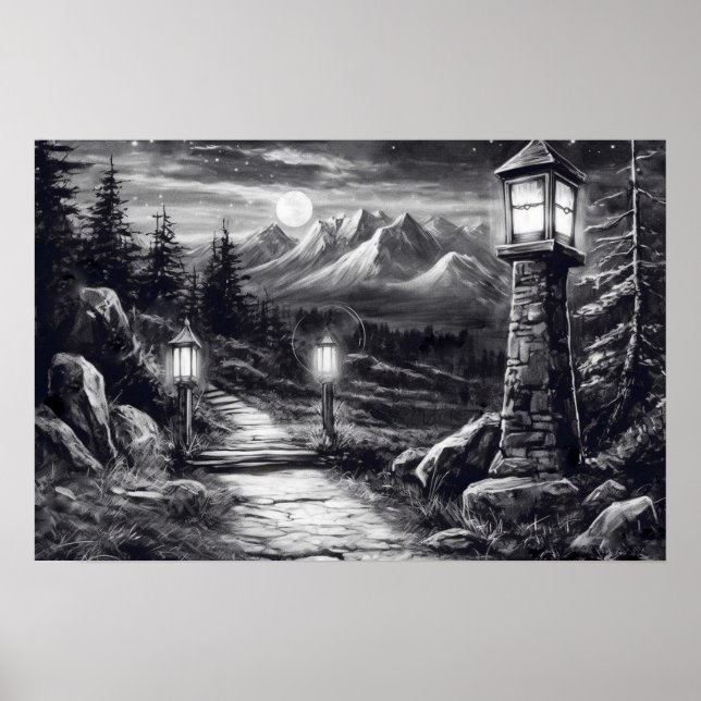 Old winding path through the woods in lamplight poster (Front)