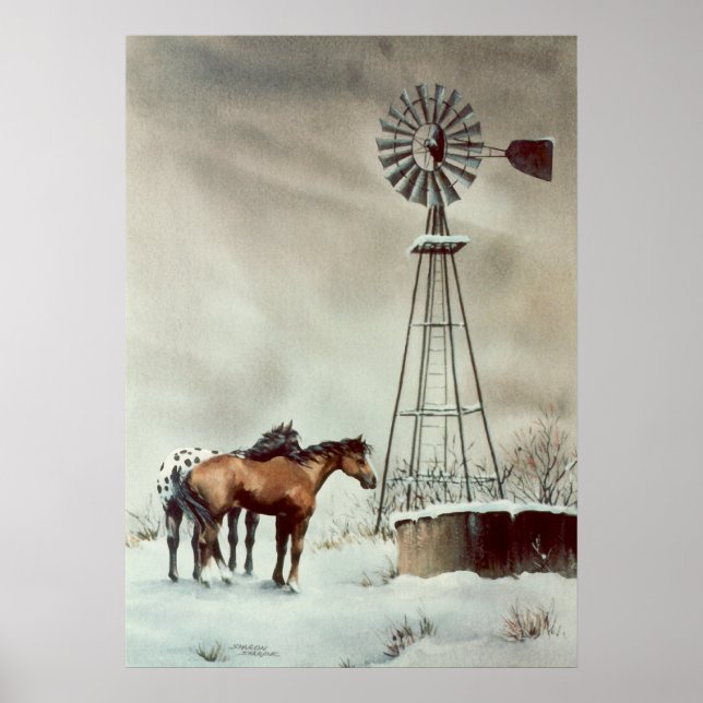 OLD WINDMILL & HORSES by SHARON SHARPE Poster (Front)