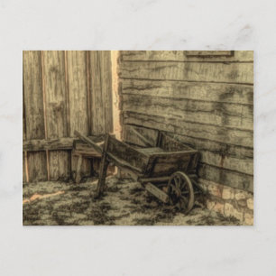 old window wooden wheelbarrow rustic farmhouse postcard