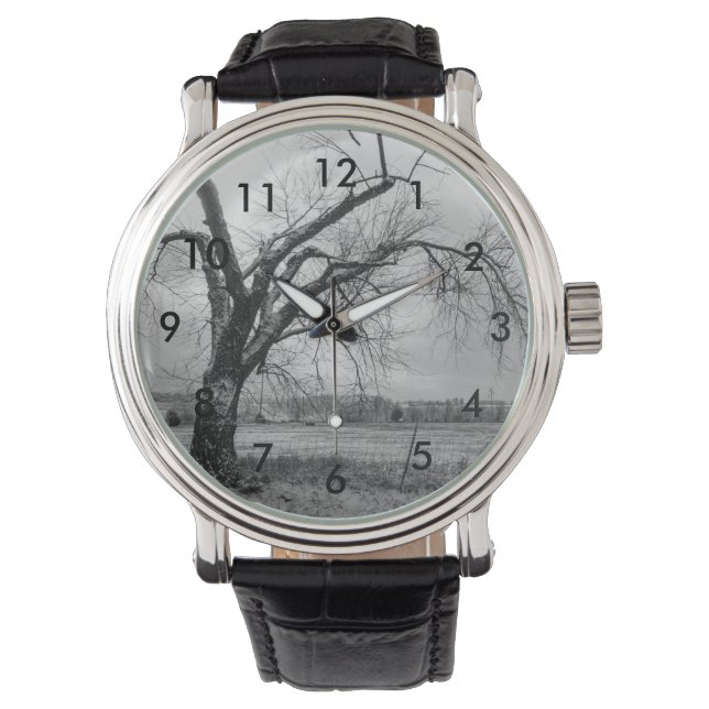 Old Winter Tree Grayscale Wrist Watch (Front)