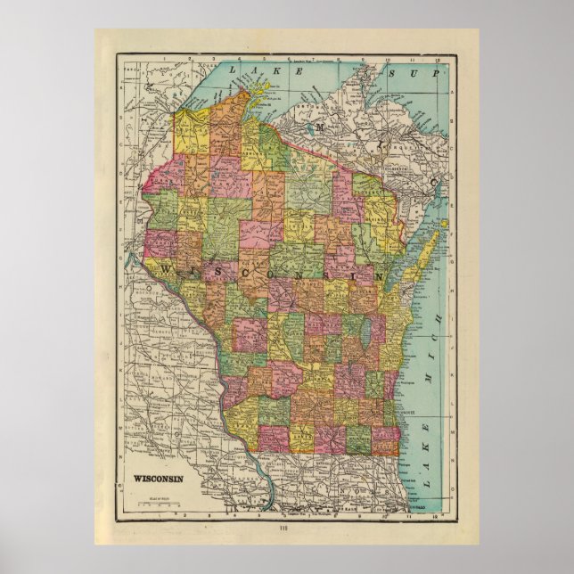 Old Wisconsin Map (1909) Vintage Badger State  Poster (Front)