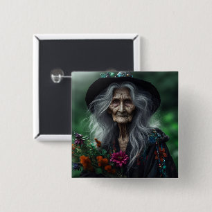 Old Witch Gathering Herbs for Potions 15 Cm Square Badge