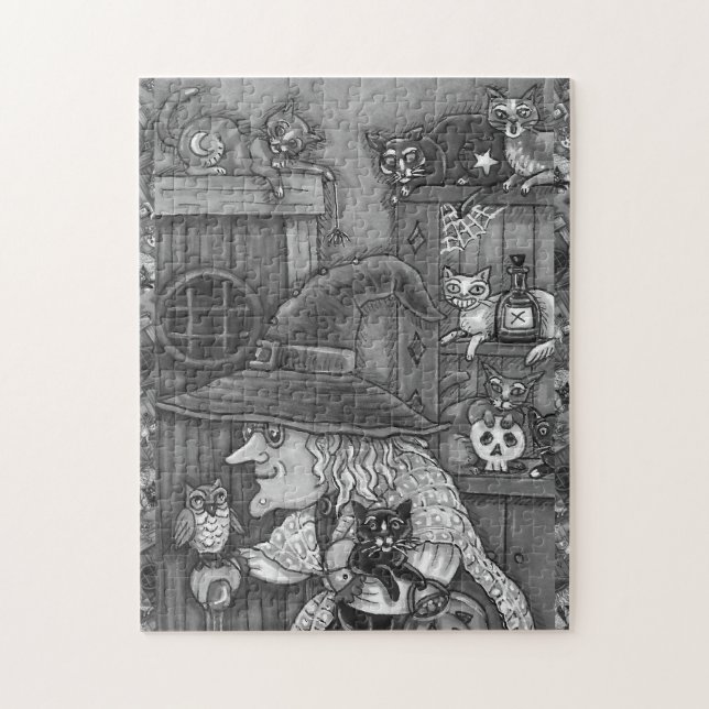 OLD WITCH HAPPY HOME, CATS & OWL BLK/WHT HALLOWEEN JIGSAW PUZZLE (Vertical)