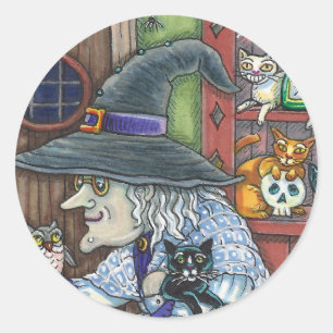 OLD WITCH HAPPY HOME, LOTS OF CATS & OWL HALLOWEEN CLASSIC ROUND STICKER