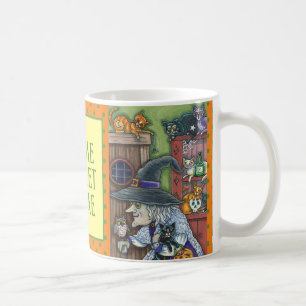OLD WITCH HAPPY HOME, LOTS OF CATS & OWL HALLOWEEN COFFEE MUG