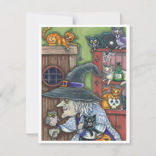 OLD WITCH HAPPY HOME, LOTS OF CATS & OWL HALLOWEEN HOLIDAY CARD