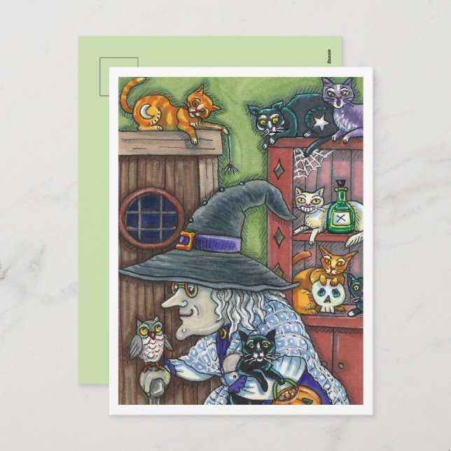 OLD WITCH HAPPY HOME, LOTS OF CATS & OWL HALLOWEEN HOLIDAY POSTCARD (Front/Back)