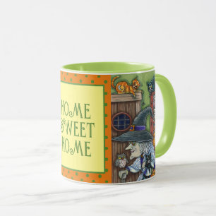 OLD WITCH HAPPY HOME, LOTS OF CATS & OWL HALLOWEEN MUG