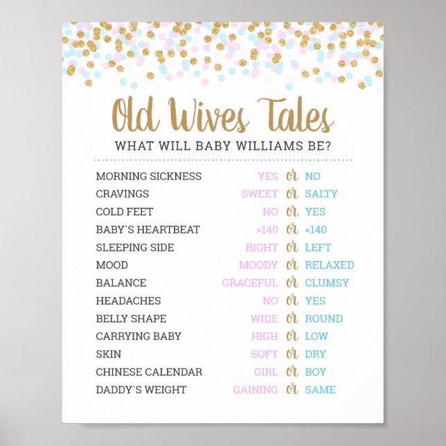 Old Wives Tales Baby Gender Reveal Game Poster (Front)