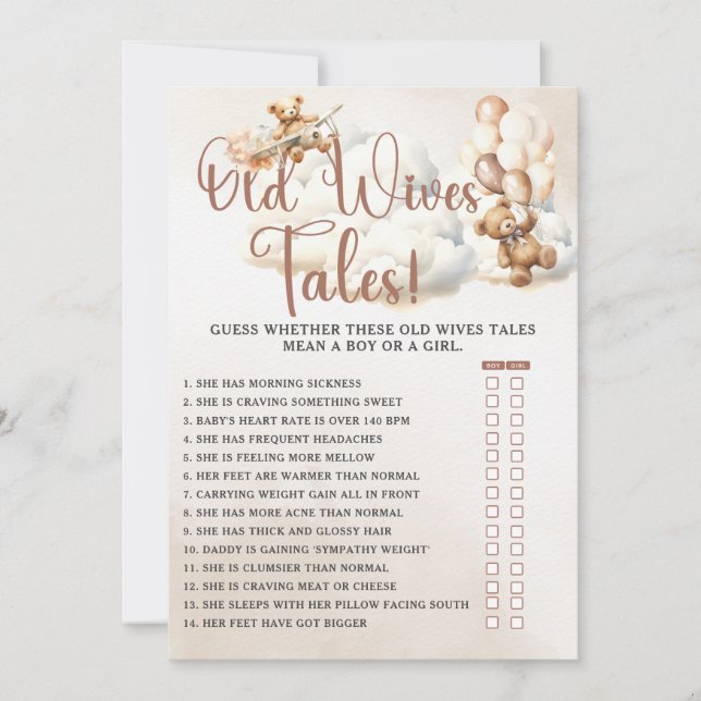 OLD WIVES TALES Baby Shower Game Cute Bear In Invitation (Front)