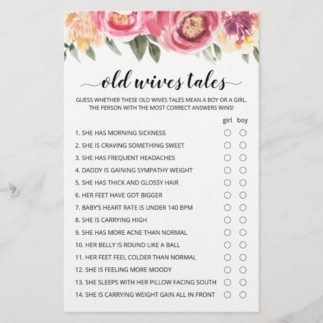 Old Wives Tales Game Baby Shower party game (Front)