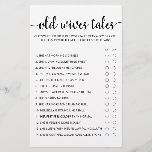 Old Wives Tales Game Baby Shower party game (Front)