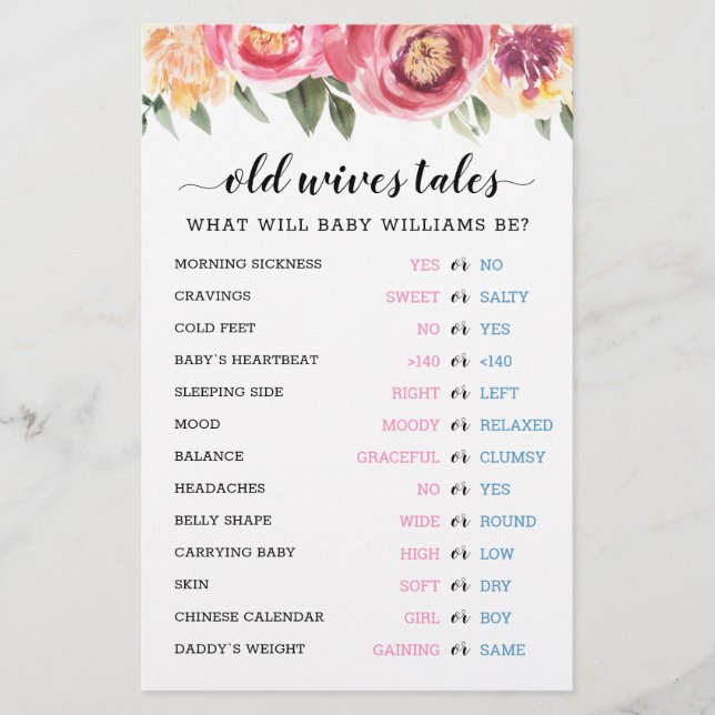 Old Wives Tales Gender Reveal Baby Shower Card (Front)