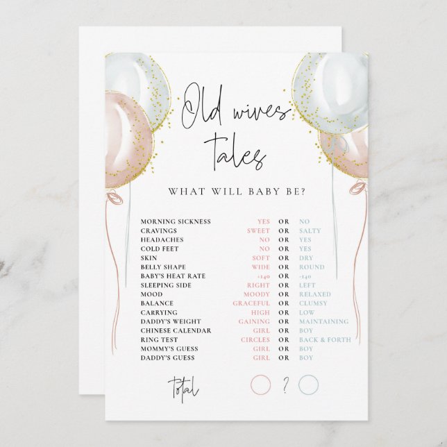 Old Wives Tales Pink & Blue Gender Reveal card (Front/Back)