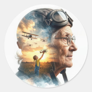 Old Woman Aviator Remembering the Past Classic Round Sticker