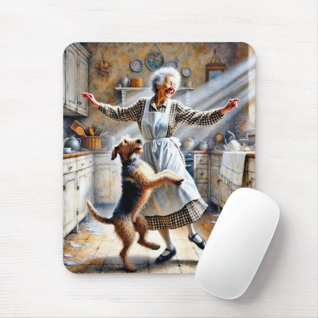 Old Woman Dancing With Dog Mouse Mat (With Mouse)
