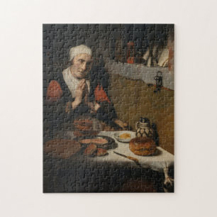 Old woman praying at meal Vintage Mediaeval art Jigsaw Puzzle