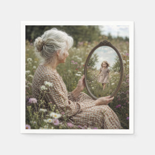 Old Woman Seeing Younger Self in Mirror Napkin