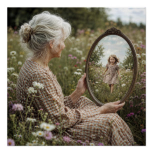 Old Woman Seeing Younger Self in Mirror Poster