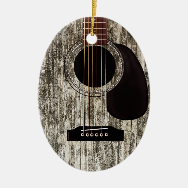 Old Wood Acoustic Guitar Ceramic Tree Decoration (Front)