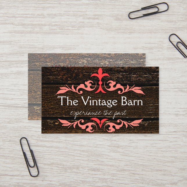 Old Wood and Peach Scroll Business Card (Front/Back In Situ)