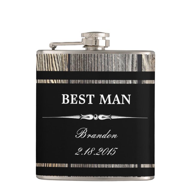 Old Wood Black BEST MAN Wedding Flask (Front)
