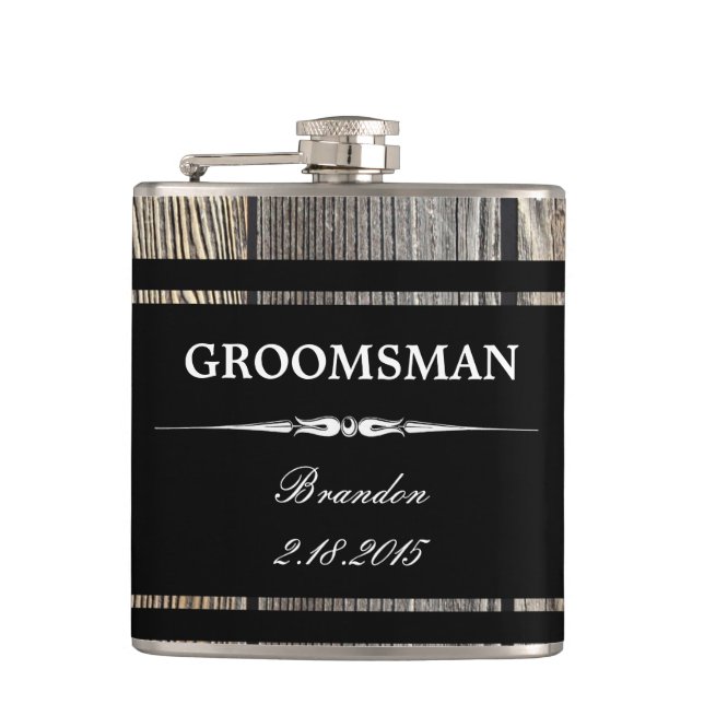 Old Wood Black GROOMSMAN Wedding Flask (Front)