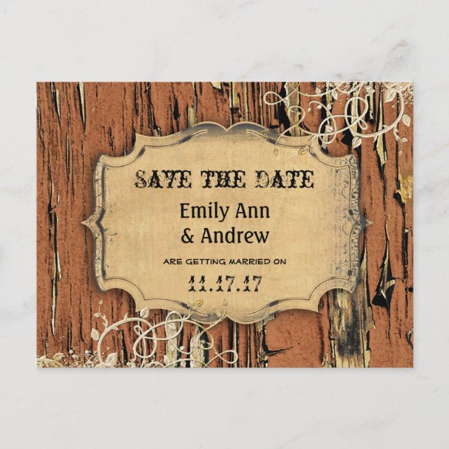 Old Wood Country Chic Gold Vine Save the Date Announcement Postcard (Front)