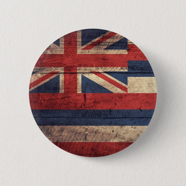 Old Wood Hawaii Flag; 6 Cm Round Badge (Front)