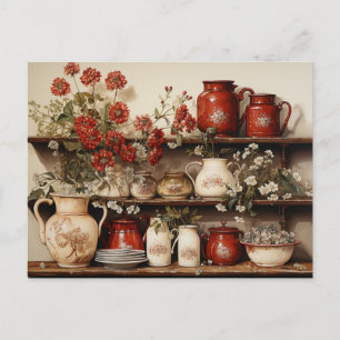  Old Wood Kitchen Shelf Red White Ceramics Flowers Postcard