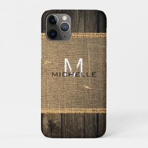 Old Wood Look Burlap Rustic Monogram iPhone 11 Pro Case
