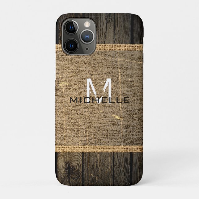 Old Wood Look Burlap Rustic Monogram Case-Mate iPhone Case (Back)