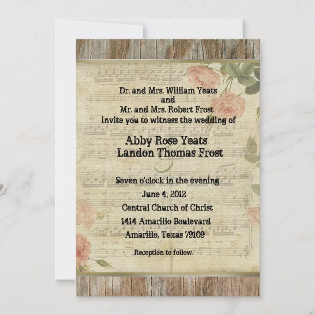 Old Wood, Music, and Roses Wedding Invitations (Front)
