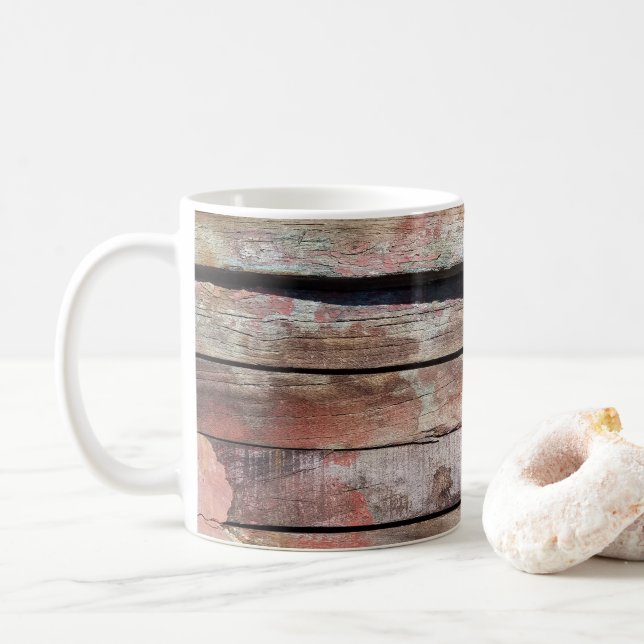 Old wood rustic boat wooden plank coffee mug (With Donut)