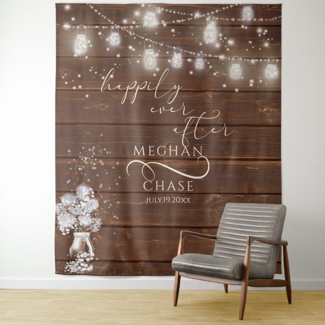 Old Wood String Lights Wedding Photo Backdrop Tapestry (In Situ)