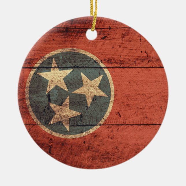 Old Wood Tennessee Flag; Ceramic Tree Decoration (Front)