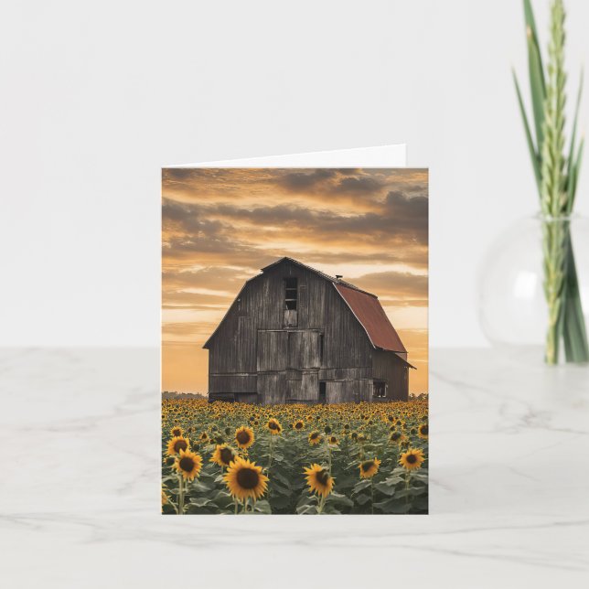 Old Wooden Barn In Sunflowers Note Card (Front)