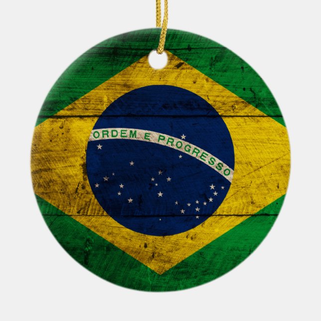 Old Wooden Brazil Flag Ceramic Tree Decoration (Front)