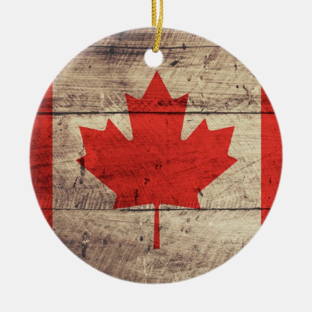 Old Wooden Canadian Flag Ceramic Tree Decoration (Front)