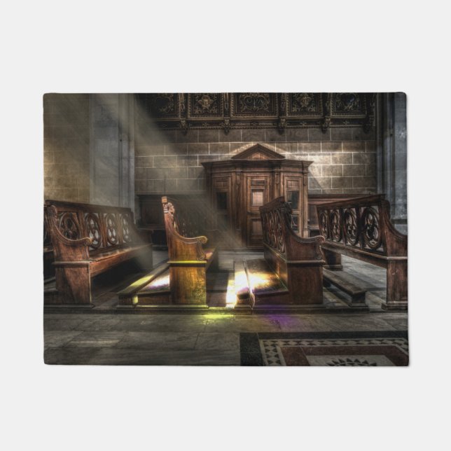 Old Wooden Church Bench with Kneeler Doormat (Front)