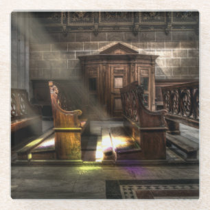 Old Wooden Church Bench with Kneeler Glass Coaster