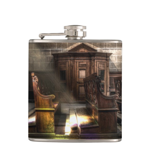 Old Wooden Church Bench with Kneeler Hip Flask (Front)