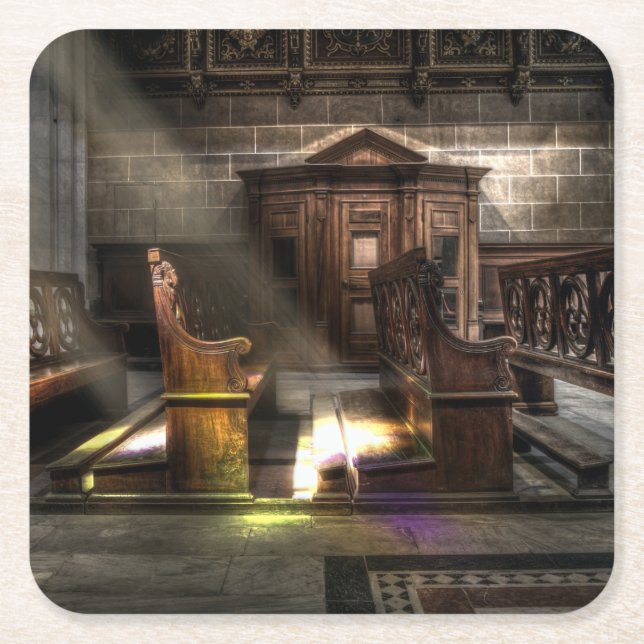 Old Wooden Church Bench with Kneeler Square Paper Coaster (Front)