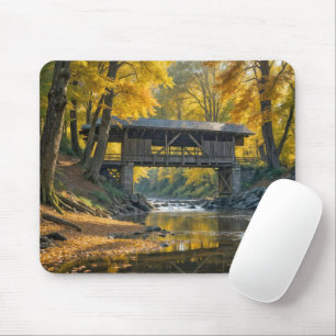 Old Wooden Covered Bridge In Autumn Mouse Mat