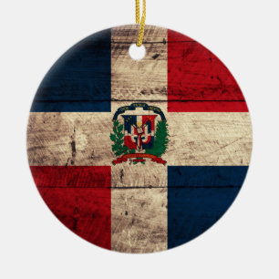 Old Wooden Dominican Republic Flag Ceramic Tree Decoration