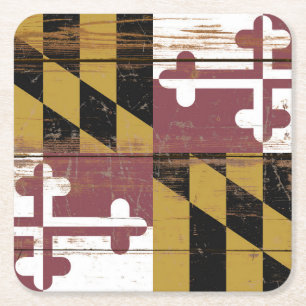 Old Wooden Maryland State Flag Square Paper Coaster